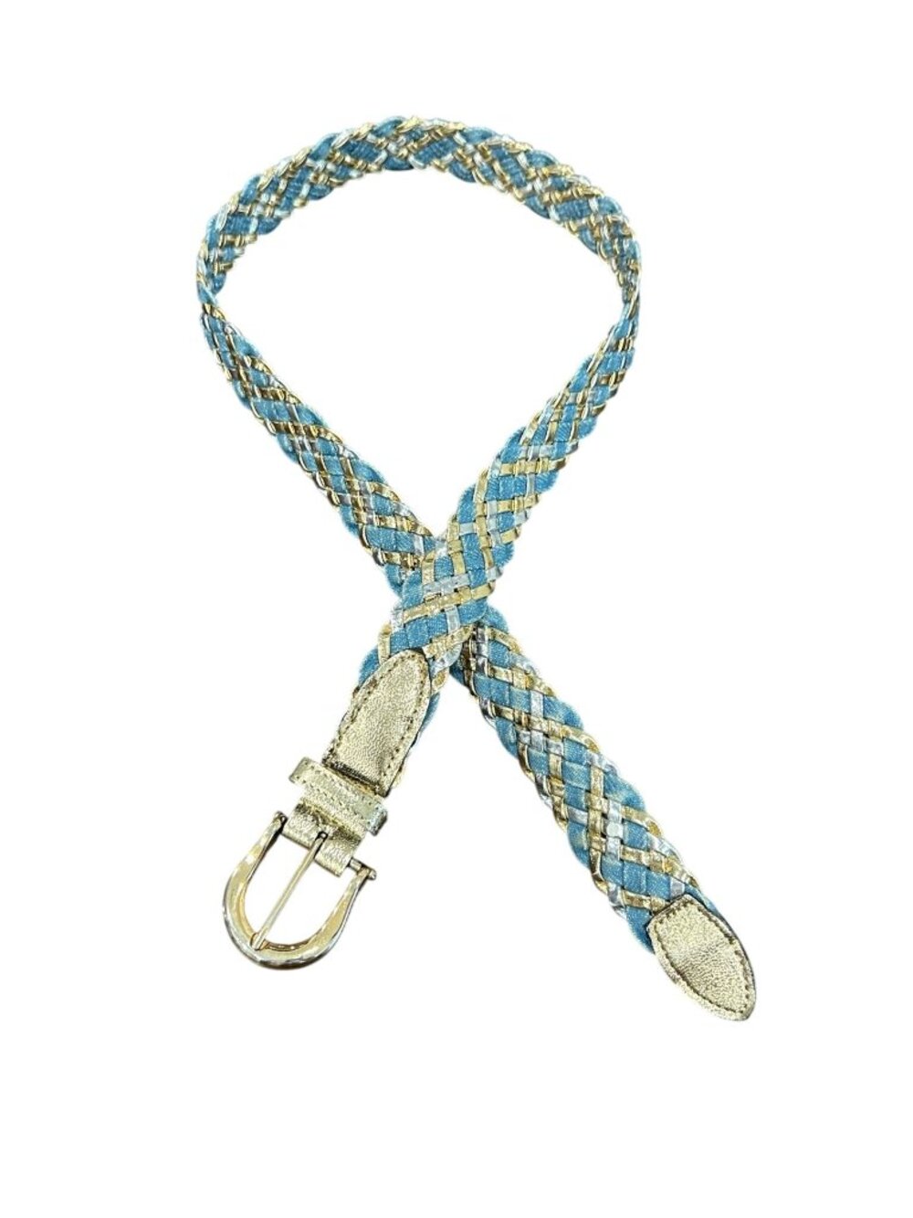 Braided Gold Blue 2X Belt Metallic Accents Leather Blend Retro Statement Style